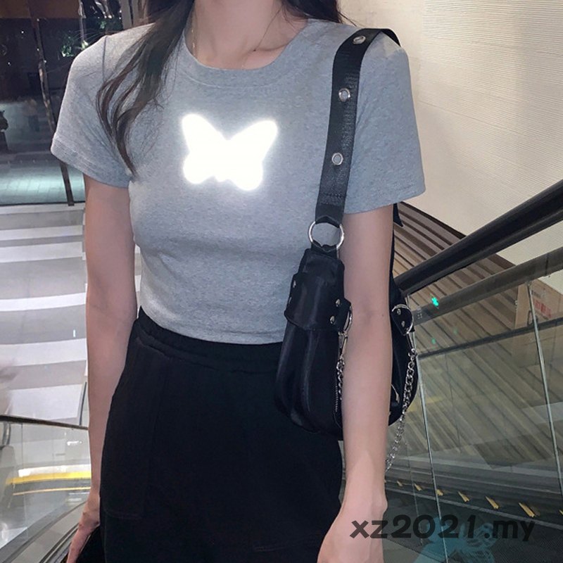 Áo Crop Top Nữ In Hình Bướm Màu Trắng Đen