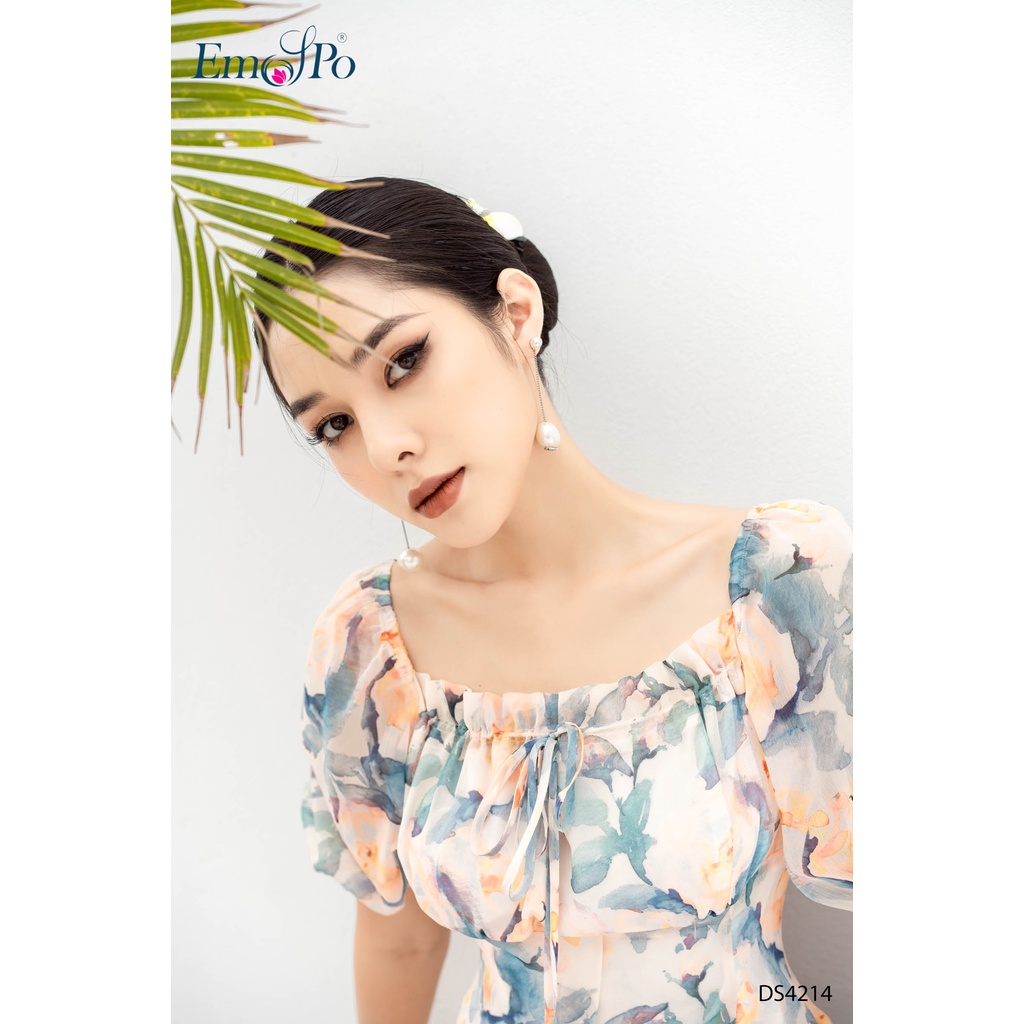 Đầm hoa xòe Emspo cổ vuông rút nơ, khuy nẹp DM4227