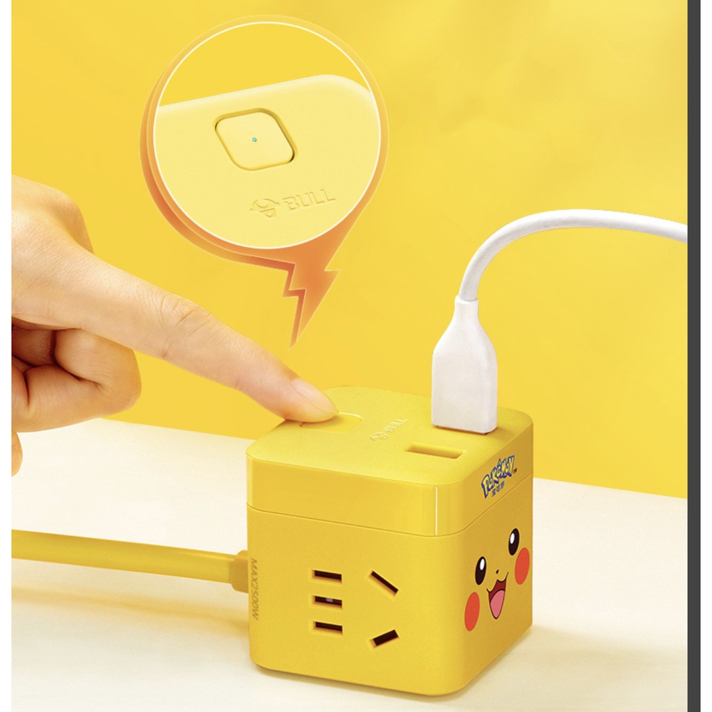 Ổ cắm Bull Pokemon Pikachu Cube Power Strip  Vuông Tích hợp 2 Ổ cắm AC + 2 USB