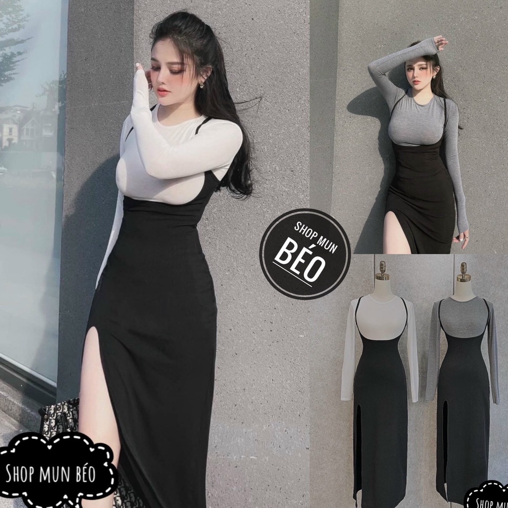 ☊❁Set Yếm Dài Xẻ Đùi Phối Áo Thun Tay Hàng VNXK Thích Hợp Mặc Đi Làm Chơi