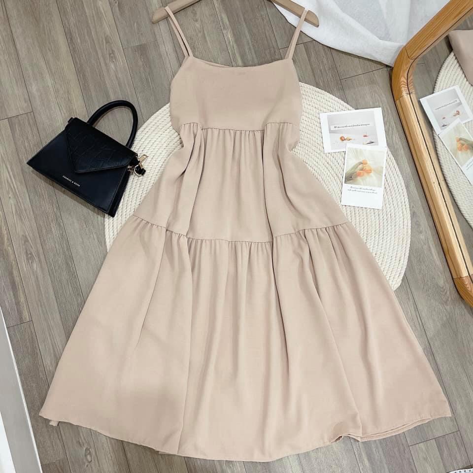 Đầm maxi babydoll 3 tầng Bingshop vải đũi màu be mặc đi biển