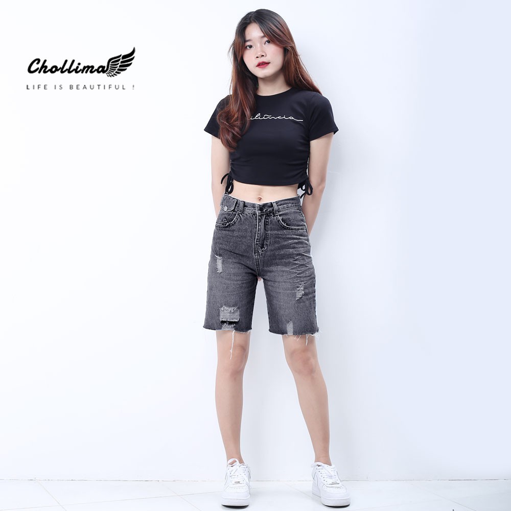 Quần ngố jeans nữ Chollima đắp túi nhỏ có nắp tua lai phong cách trẻ trung sành điệu QS023