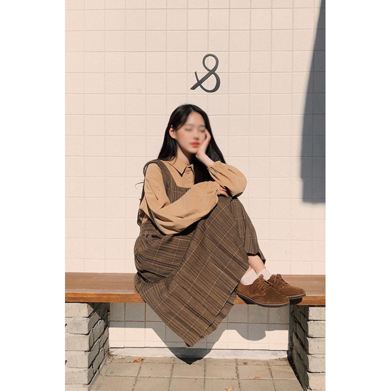 (HÀNG SẴN) Set váy yếm kẻ sọc xếp ly + áo sơ mi da lộn thu đông Hàn Quốc | BigBuy360 - bigbuy360.vn