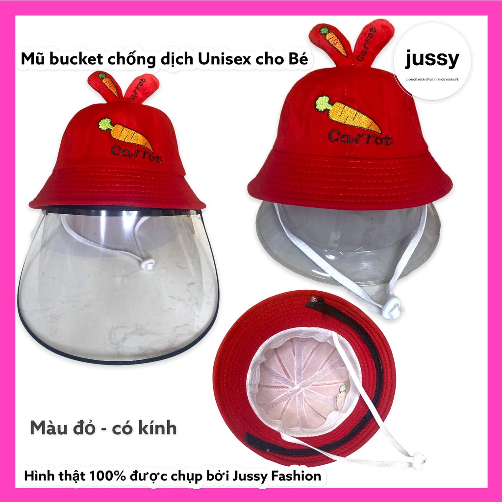 Mũ Chống Giọt Bắn Cho Bé Hình Tai Thỏ Jussy Fashion Kiểu Dáng Mũ Bucket Kèm Kính Chắn Gió, Che Bụi Cho Bé Từ 1-5 Tuổi