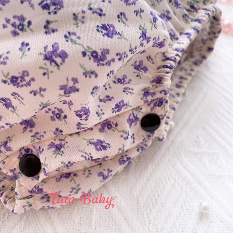 Bodysuit Cho Bé Yêu Chất Voan Lụa Tím Hoa Nhí Kèm Turban Xinh Xắn FREESHIP Body Trẻ Em Thiết Kế