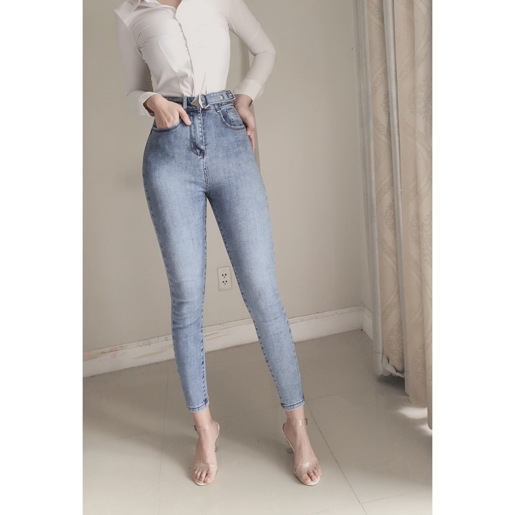 [ PHONG THẦN ] QUẦN SKINNY JEAN NỮ LƯNG CAO KHOEN TAM GIÁC MÀU XANH NHẠT CAO CẤP NITI SIÊU HOT HIT