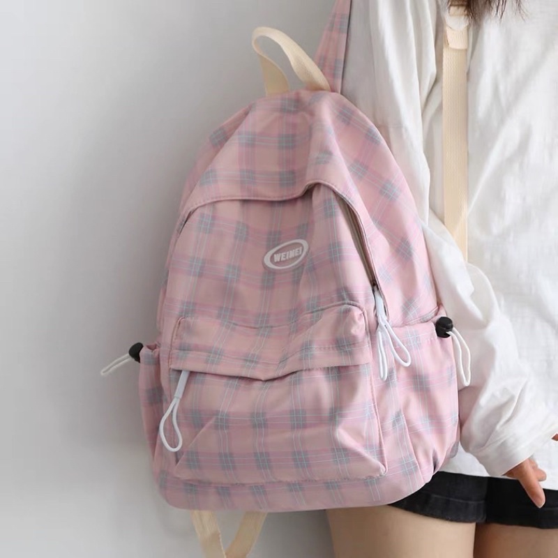 Balo kẻ caro gam màu ulzzang xinh xắn ba lô học cặp sách nữ hàn quốc túi đeo khoá kéo đựng vừa laptop cỡ to