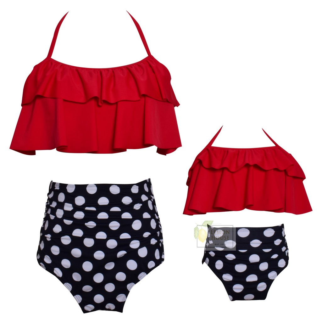 [ SET BIKINI MẸ VÀ BÉ 2019] đồ bơi bé gái và mẹ đỏ dây buộc cổ