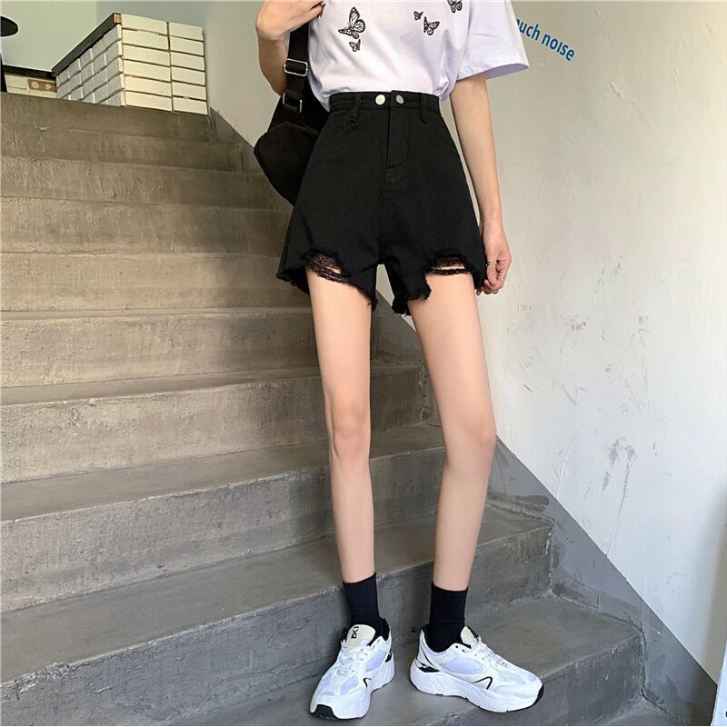 Quần jean♀۩✟Quần short denim nữ lưng cao cạp phiên bản hàn quốc ống rộng siêu hot mới ra mắt