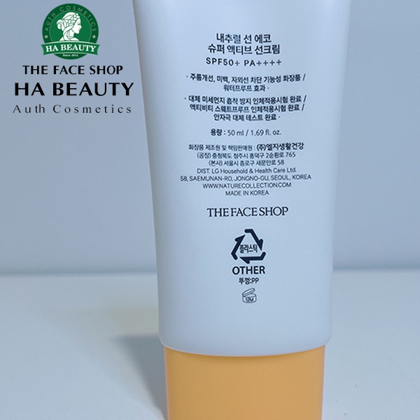 Kem chống nắng toàn diện ngăn bụi mịn Hàn Quốc The Face Shop Natural Sun Eco Super Active Sun Cream SPF50+PA+++ 50ml