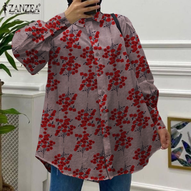 Áo sơ mi ZANZEA tay dài dáng rộng in họa tiết hoa lá thời trang Châu Âu cho nữ