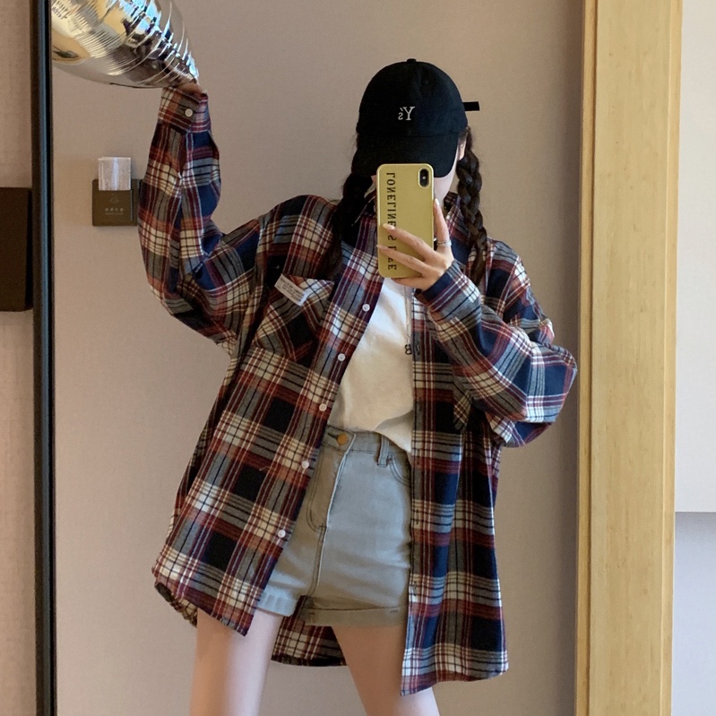 SUXI Áo Sơ Mi Caro Tay Dài Thời Trang Nữ