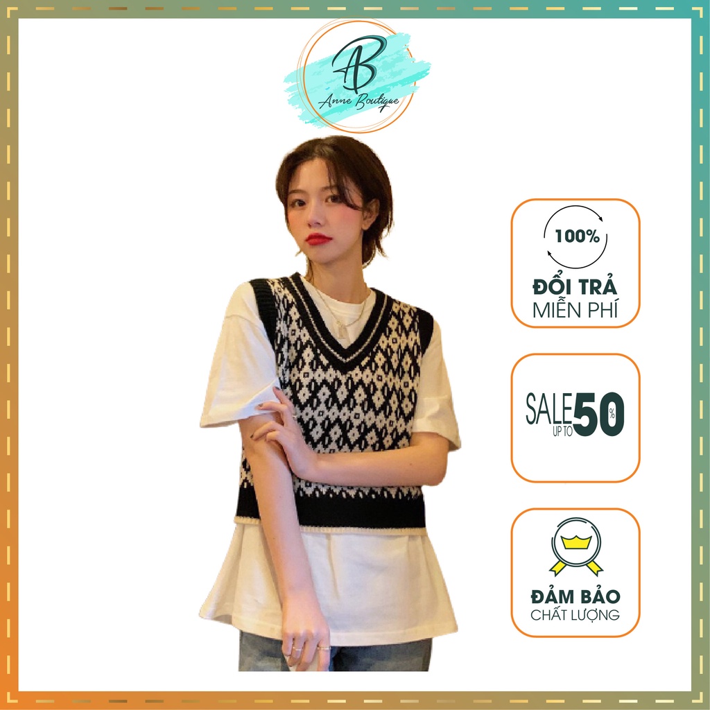 Áo Gile Len Hoạ Tiết Cổ V, Áo Len Gile Nữ Phong Cách Thời Trang Thu Đông Anne Boutique Mã 692