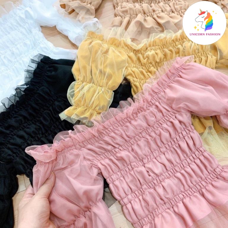 Áo Croptop Bẹt Vai Tay Lỡ Bèo Nhún Ôm Body Phối Voan Lưới Trắng Đen Hồng Vàng Nude DRACR95 Mys Unicorn Fashion