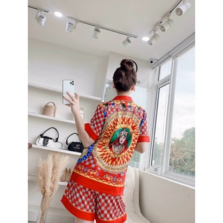 PIJAMA ĐÙI - CỘC TAY PHƯỢNG HOÀNG LỬA ĐỎ N005 LỤA XƯỚC