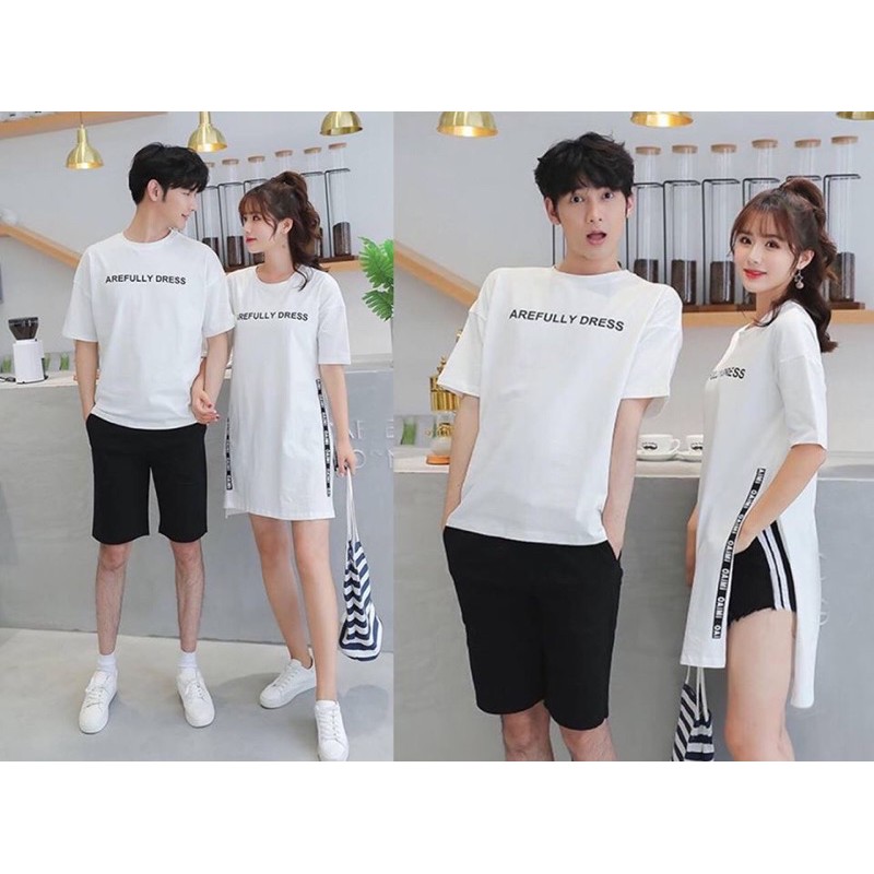 Áo đôi: Váy thun form suông xẻ tà + Áo thun nam
