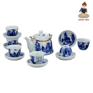 Bộ ấm chén men lam giả vuốt Trúc Lâm Thất Hiền Nàng Gốm Bát Tràng (bộ bình uống trà, bộ bình trà)