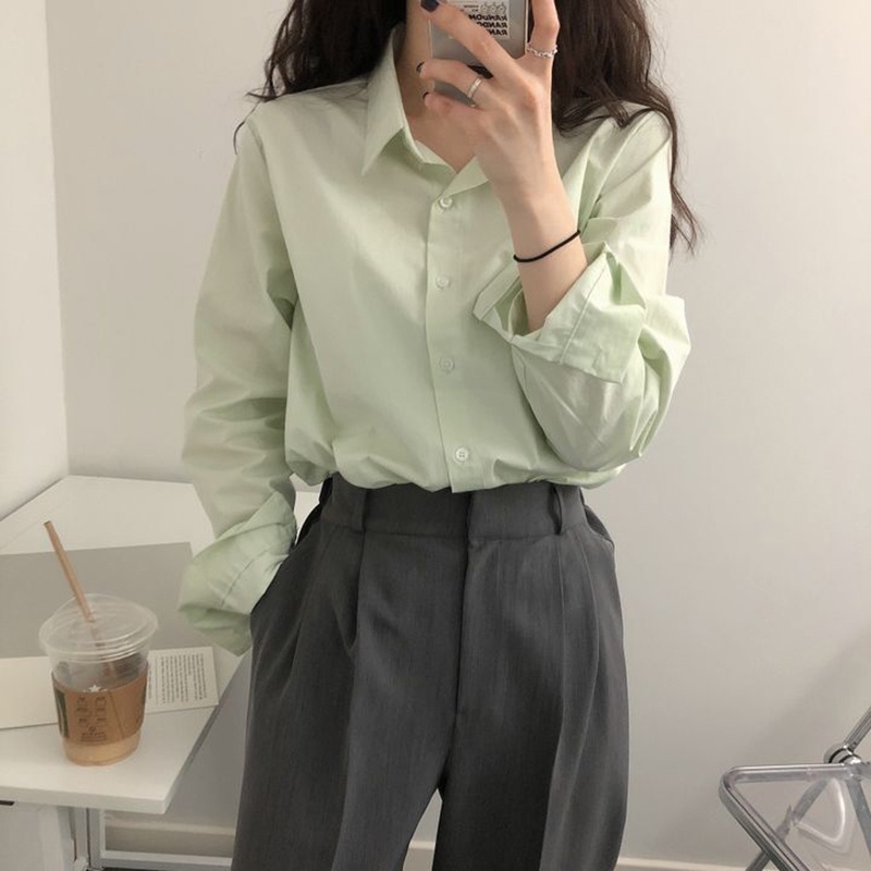 Áo sơ mi polo IELGY tay dài màu trơn phong cách Hàn Quốc thời trang cho nữ