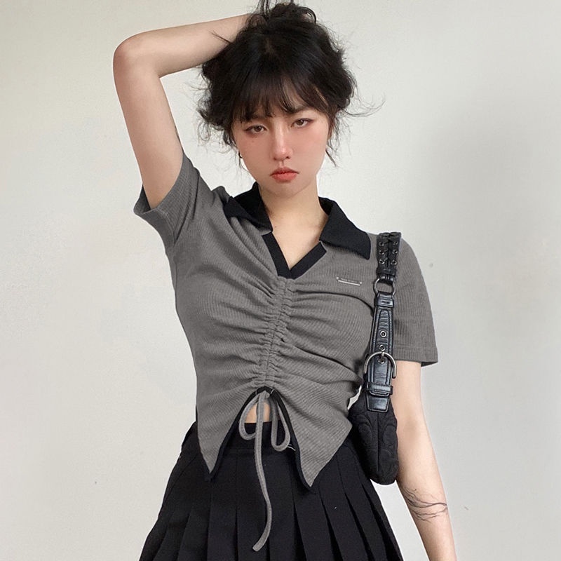 Áo Thun croptop Tay Ngắn Cổ Chữ v Thiết Kế Dây Rút Độc Đáo Thời Trang Đường Phố Mùa Hè