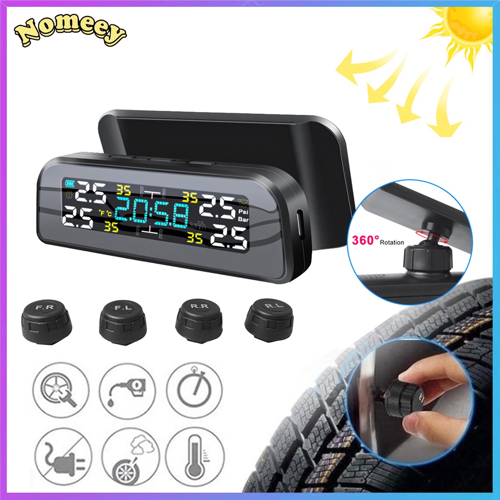 Hệ thống giám sát áp suất lốp TPMS Hệ thống giám sát áp suất lốp bằng năng lượng mặt trời không dây LED Hiển thị áp suất lốp với đồng hồ Hệ thống cảnh báo nhiệt độ lốp 4 cảm biến bên ngoài Cảm biến áp suất lốp