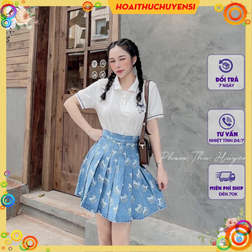 Set Áo Polo Thêu Chữ Mix Chân Váy Xanh Siêu Xinh