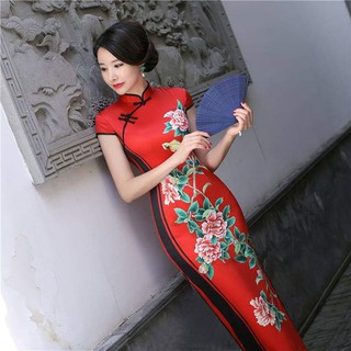 #SX111 ĐẦM SƯỜN XÁM CỔ TÀU PHỐI MÀU IN HỌA TIẾT HOA NỀN ĐỎ SANG TRỌNG CÓ SIZE LỚN - HÀNG NHẬP KHẨU
