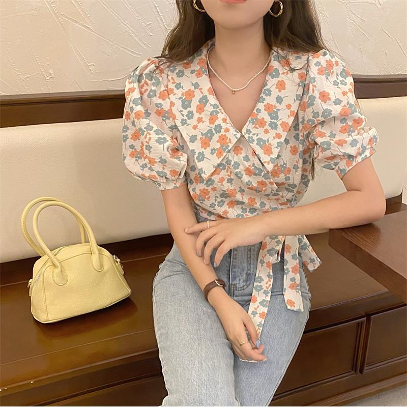 Áo Kiểu Tay Phồng Cột Dây Eo Cao In Họa Tiết Hoa Phong Cách Retro Pháp Xinh Xắn Cho Nữ