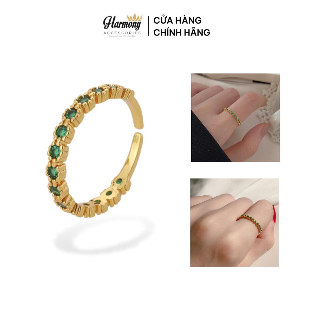 Nhẫn nữ bạc 925 thiết kế đính dải đá xanh cao cấp mạ vàng dáng mở freesize | HARMONY ACCESSORIES N49