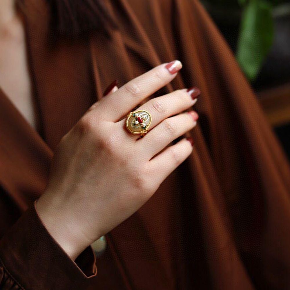 Nhẫn thời trang đính ngọc trai nhân tạo phong cách Trung Hoa