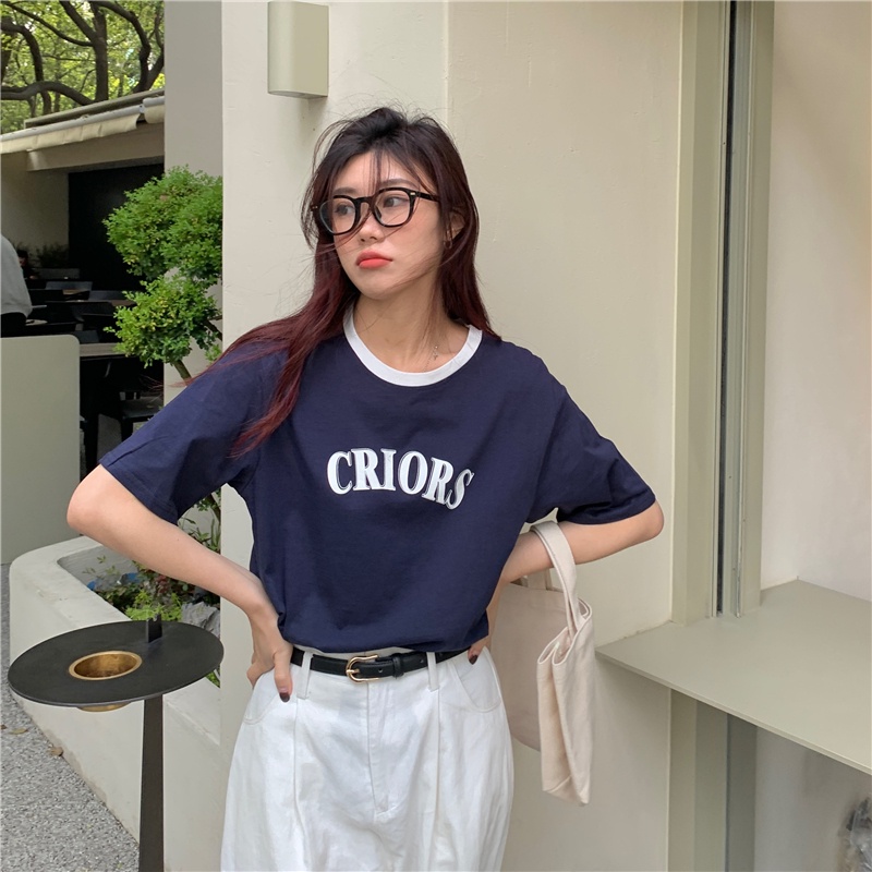 Áo thun SUXI tay ngắn cổ tròn dáng rộng chất liệu cotton in chữ màu sắc đơn giản thời trang mùa hè