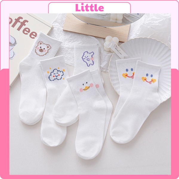 Tất cổ cao nữ, Vớ cổ cao trắng hoạt hình dễ thương vải cotton co giãn thời trang Hàn Quốc