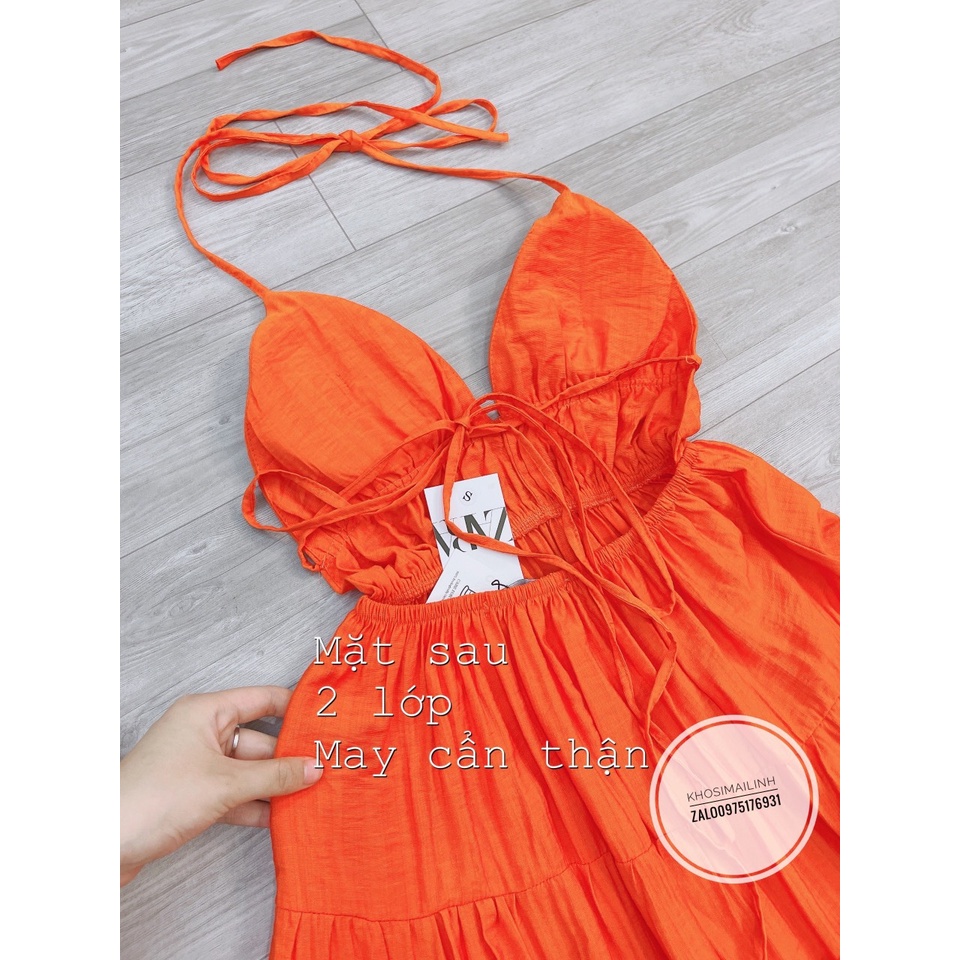 Đầm maxi cam 3 tầng hở lưng chất đũi tơ có cup ngực