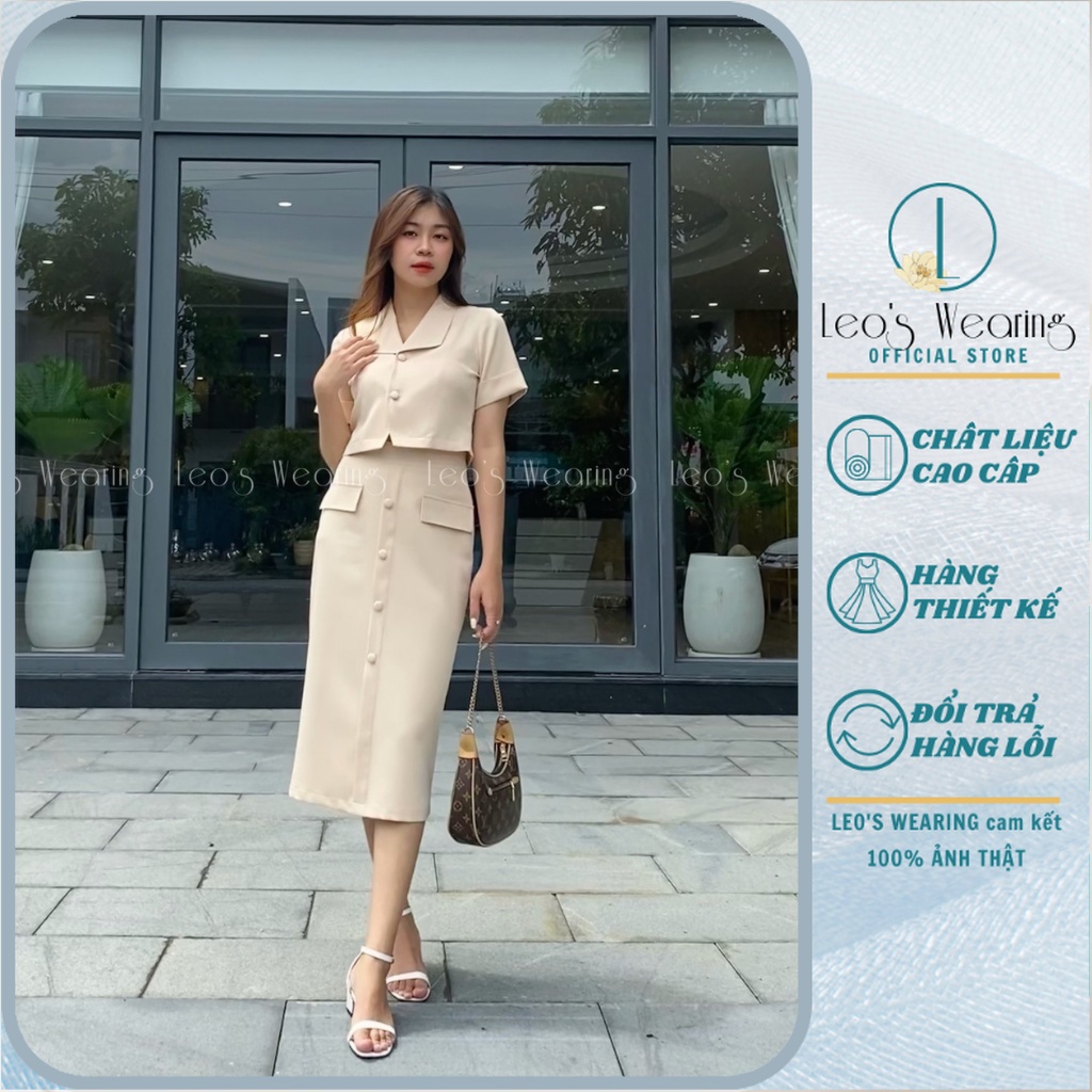 Set công sở chân váy bút chì chạy nút bọc mix áo sơ mi croptop tay ngắn LEOSWEARING Q64