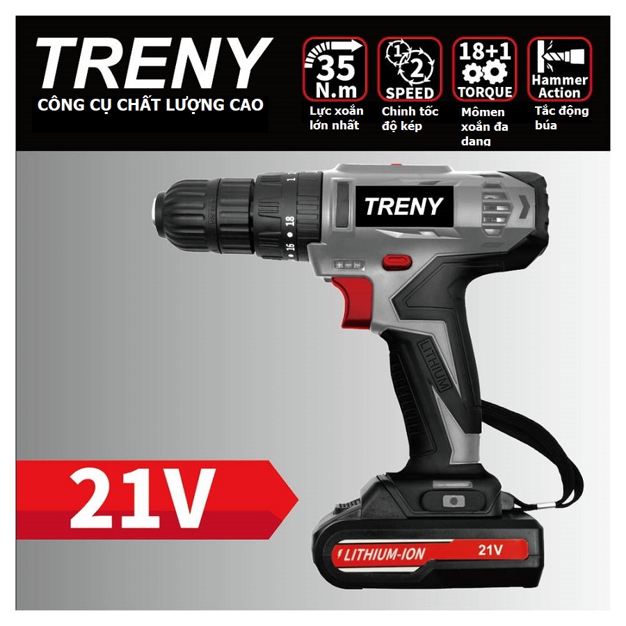 Khoan điện Treny 21V dùng pin sạc công suất 31.5W chính hãng kèm bộ dụng cụ 23 món, lực xoắn cực mạnh khoan được bê tông