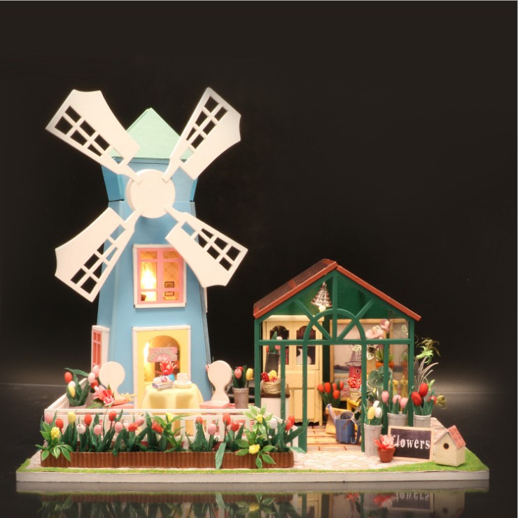 Mô hình nhà DIY Doll House Amsterdam Windmill Flower House Kèm Mica chống bụi, Bộ dụng cụ và Keo dán