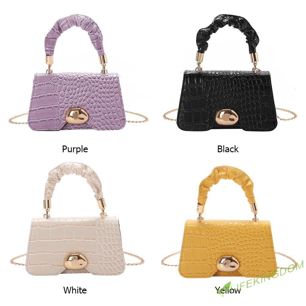 Fashion Women PU Solid Color Alligator Pattern Shoulder Bag Pleated Handbag