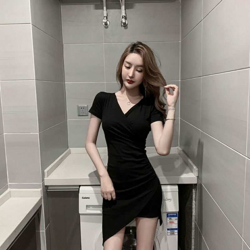 Váy thun body cổ chữ V xếp ly