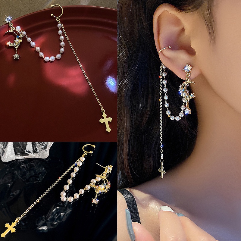 1 Khuyên Kẹp Vành Tai Dáng Dài Đính Đá Hình Mặt Trăng Thời Trang