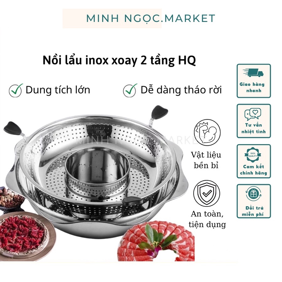 Nồi lẩu xoay 2 tầng dùng được cả bếp từ và bếp gas chất liệu inox không gi siêu tiện lợi