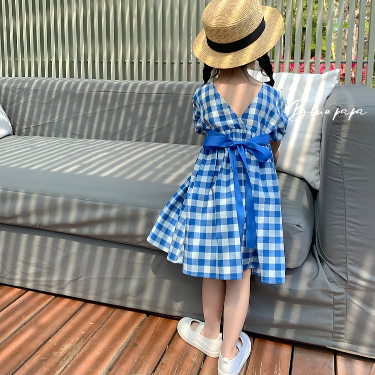 Đầm sọc caro thắt nơ eo xinh xắn thời trang cho bé
