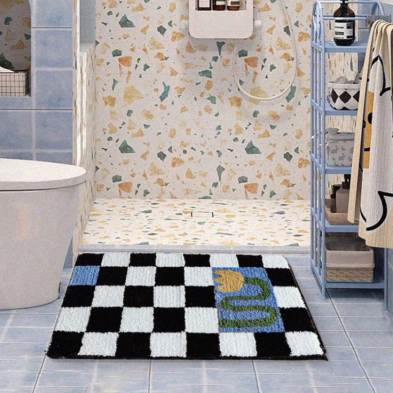 Thảm Lót Sàn Nhà Tắm / Toilet Họa Tiết Kẻ Sọc Trắng Đen Thấm Hút Tốt Chống Trượt Nhanh Khô Tiện Dụng