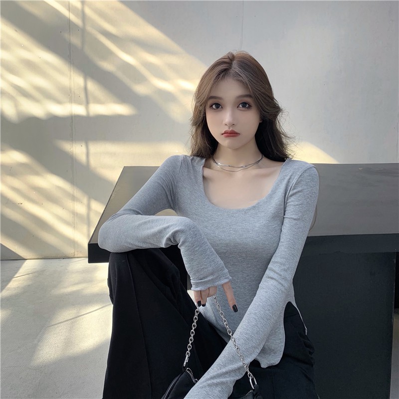 Cocory vn Áo Dệt Kim Tay Dài Cổ Tròn Thiết Kế Xẻ Quyến Rũ Dành Cho Nữ