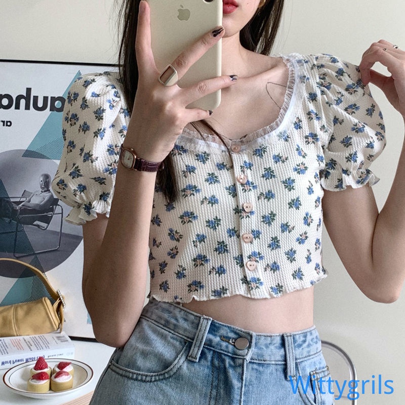 Áo kiểu nữ in hoa cổ điển tay ngắn phồng cổ chữ U viền ren thời trang mùa hè