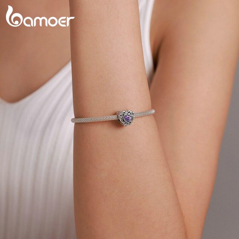 Hạt phụ kiện Bamoer SCC1798 bằng bạc 925 đính đá zircon tím thiết kế hình trái tim để làm vòng tay thời trang DIY
