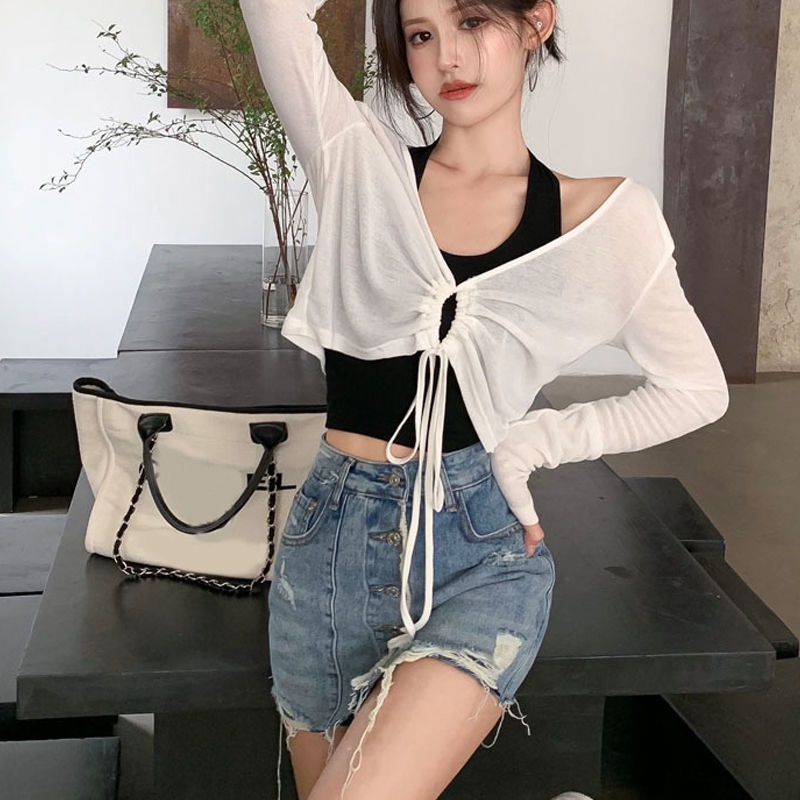 Set đồ COZOKC gồm áo hai dây và áo khoác tay dài dây rút cổ chữ V thời trang cho nữ