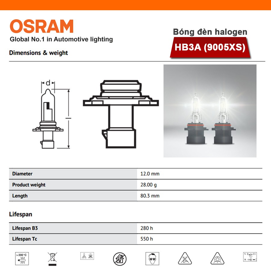 [Mã BMBAU50 giảm 10% đơn 99k] Bóng Đèn Halogen OSRAM Original HB3 12V 60W (Chân Thẳng) Nhập Khẩu Chính Hãng