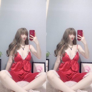 Bộ ngủ quyến rũ cột nơ lưng Lụa Satin - quần lửng phối ren (Ảnh thật)