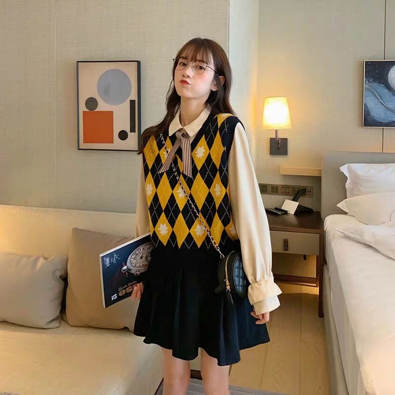 Áo len không tay họa tiết caro thời trang thu đông Hàn Quốc cho nữ