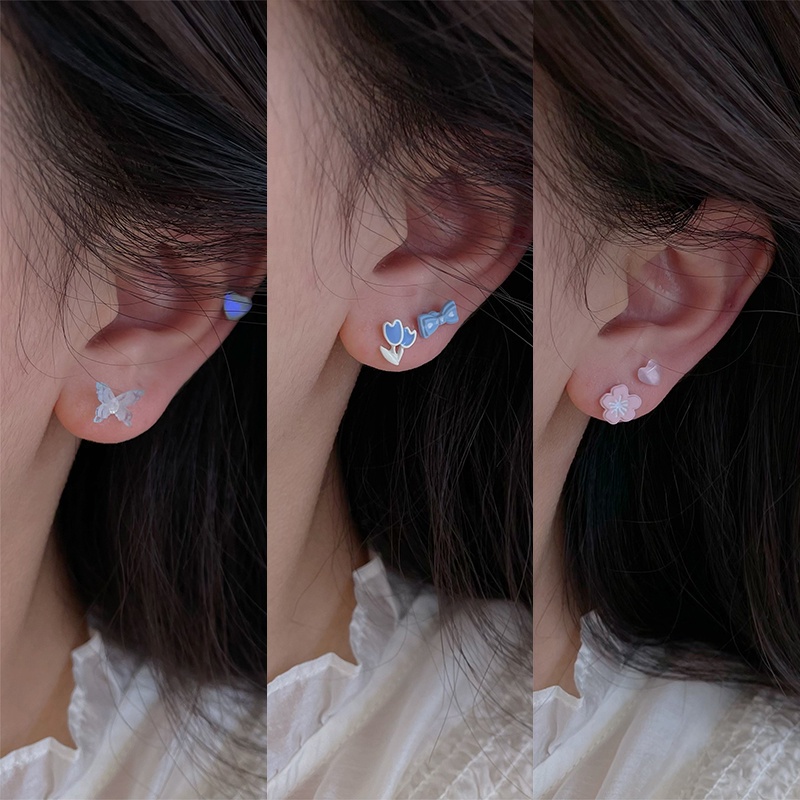Bộ bông tai thời trang đinh tán dễ thương bằng nhựa không đều nhau Ngọc trai bướm hoa Tulip Bông tai cho phụ nữ trang sức phụ kiện