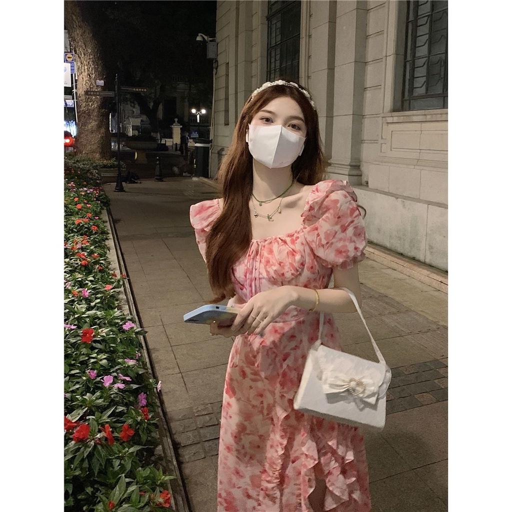 Jiashucheng Hàng Có Sẵn Đầm Hoa Cổ Vuông Xẻ Tà Ôm Eo Mỏng Tay Ngắn Thời Trang Mùa Hè Kiểu Mới Cho Nữ